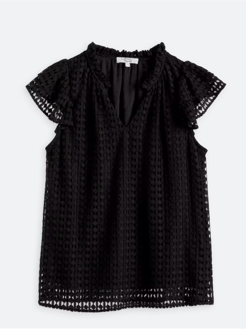 BEACON River Eyelet Blouse Black Lace Flutter Sleeve V-Neck women’s Top XL